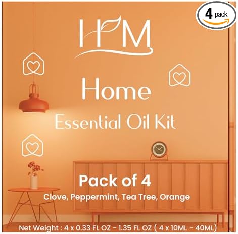 HM Home Essential Oil Kit – 4 Pack (Clove, Peppermint, Tea Tree, Orange) | Aromatic Blends for Relaxation, Refreshing Home Scents, and Natural Wellness – 1.35 FL OZ Each