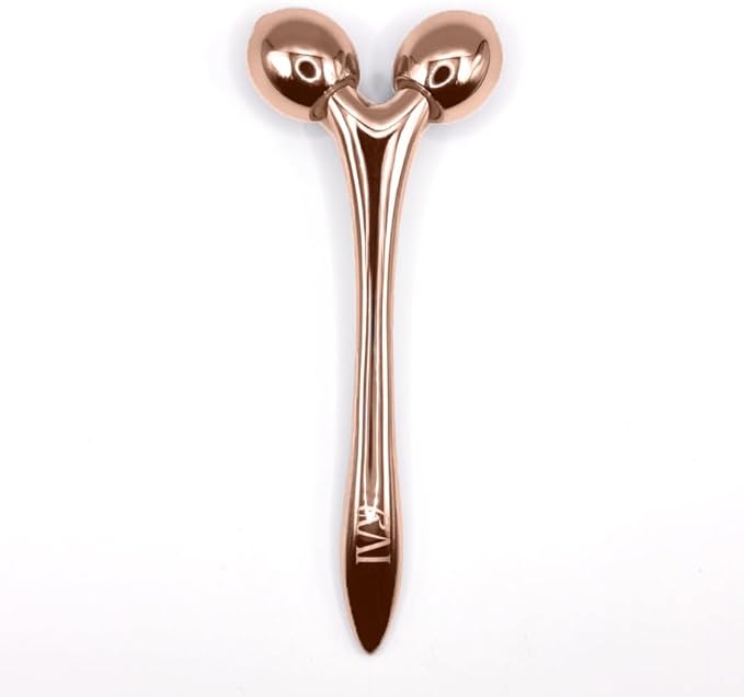 mwein Ivy 3D Face Massage Roller โ Mini Lightweight Small Travel-Sized Y-Shaped Stainless Steel โ Jade Roller, Ice Roller, Cellulite Roller โ Face Sculpting Tool (Rose Gold/Pink)