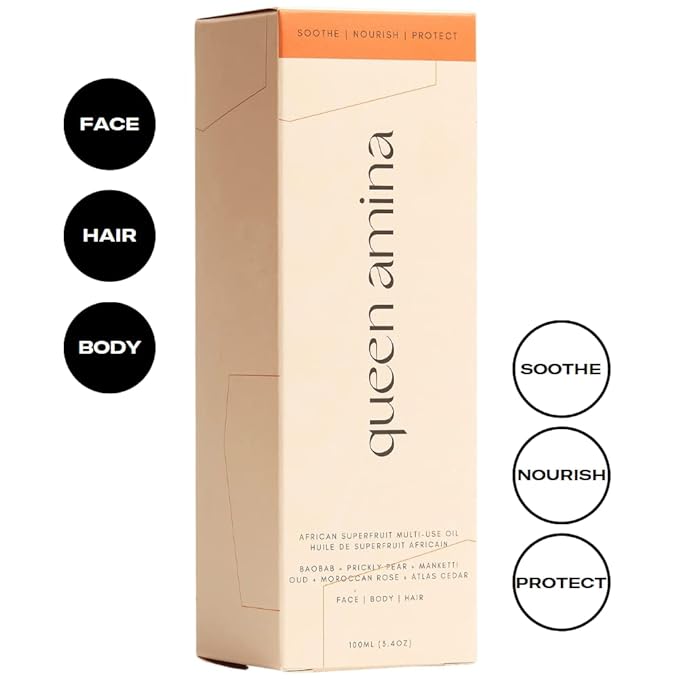 Queen Amina African Superfruit Oil, Face Oil, Body Oil, Hair Oil, Cleansing Oil, Makeup Remover, Scalp Treatment, Beard Oil, Jojoba, Argan, Geranium, All Skin Types, 3.4oz, 100mL