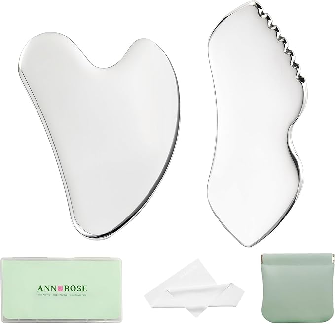 ANNROS 2Pcs Stainless Steel Gua Sha Facial Tools, GuaSha Set for Face Neck, Natural Skin Care,Perfect GuaSha Set for Skincare and Rituals and Travel-Friendly, Gift for Women
