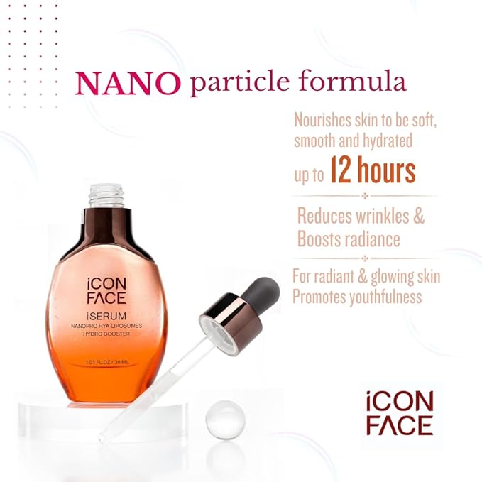 iCon Face iSerum - 20x Nano Hyaluronic Acid Ageless Hydro Booster Serum, 12Hour Moisturizing & Collagen Production, Age Defying, Natural Arbutin, Pearl Extract, 30ml