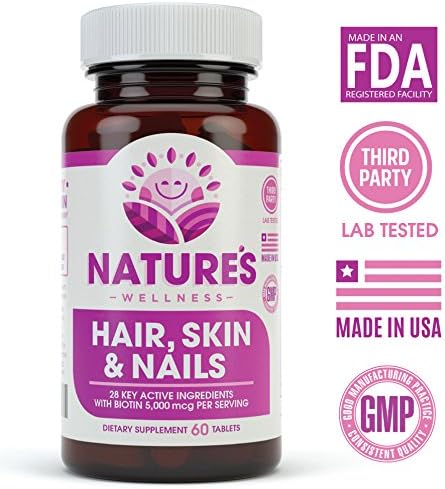Natures Wellness Hair, Skin & Nails Essential Nourishing Supplement, 60-Count | 4000mcg Biotin + Vitamins A, C and E, B Complex Vitamins, and Advanced Nutrients per Capsule | 100% All-Natural