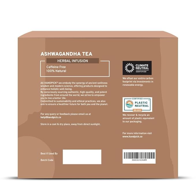 HANDPICK, Ashwagandha Root Tea (100 tea Bags) - Herbal Supplement - For Health & Wellbeing - With Antioxidants & Minerals - Caffeine Free, Gluten Free, Packed in Ecofriendly Tea Bags