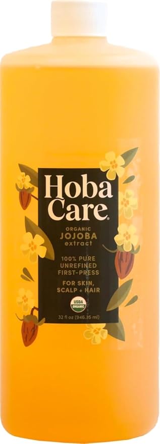 HobaCare 100% Pure, Unrefined Organic Jojoba Oil for Skin & Nails - Moisturizing Body Oil & Face Moisturizer for Dry Skin - Natural Treatment for Hair & Beard Care (32 fl oz)