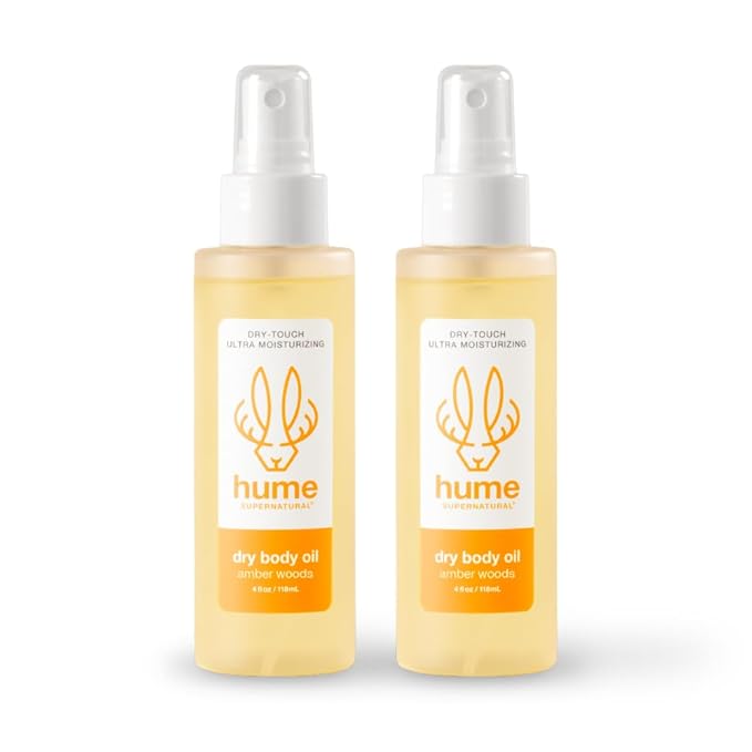 HUME SUPERNATURAL Dry Body Oil Spray - Ultra Hydrating Oil for Dry Skin, Light and Nourishing Body Oils for Women and Men, Long-Lasting Moisture (Amber Woods 2-Pack)