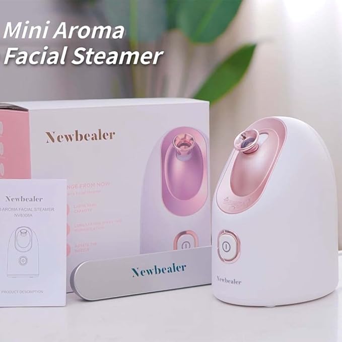 Newbealer Facial Steamer, Mini Aroma Face Steamer, Nano Ionic Hot Mist Face Humidifier for Facial Deep Cleaning, Home Sauna Spa Sprayer with 9 Pieces Acne Remover Kit (White-Gold, 160 ml)