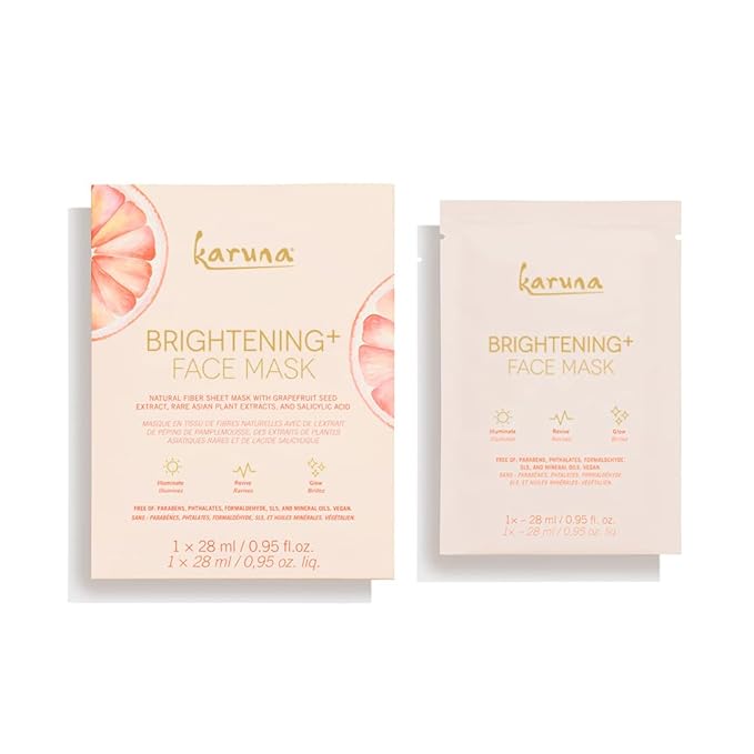 Karuna Brightening+ Face Mask Sheets, Facial and Beauty Skin Care Essential to Brighten Skin and Reduce Hyperpigmentation or Dark Spots, Contains Grapefruit Seed Extract and Salicylic Acid (1 Sheet)