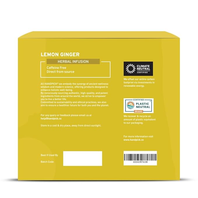 HANDPICK, Lemon Ginger Herbal Tea, Eco-conscious Tea Bags - 100 Pyramid Tea Bags | 100% Natural Ingredients, Hand-made Blend of Lemon & Ginger | Caffeine Free, Gluten Free | No Artificial Ingredients