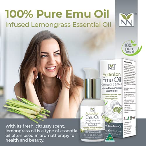 Y-Not Natural Ultra Pure Australian Emu Oil - Luxury, Hospital Grade Emu Oil 60 mL | Free Range Aboriginal Omega 3, 6 & 9 Oil Infused with Lemongrass - The Ultimate Moisturizer for Skin, Hair, Nails, and Scalp