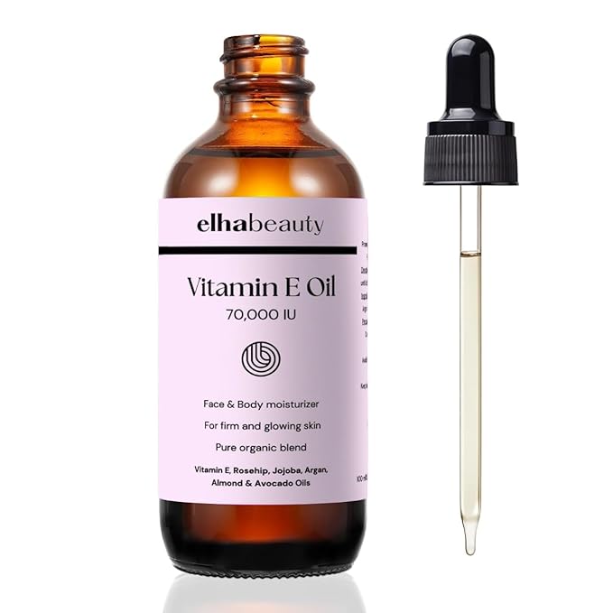Elhabeauty Vitamin E Oil 70,000 IU, Face & Body Moisturizer, with Rosehip, Jojoba, Almond and Avocado Oils, for a firm and healthy Skin, 3.88 fl oz