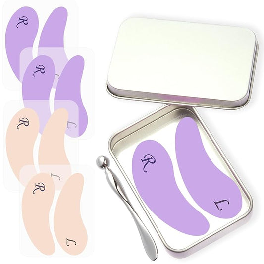 4 Pairs Reusable Under Eye Wrinkle Patches Silicone Mask, Plump Fine Lines & Wrinkles, with Metal Eye Cream Applicator, Tin Case, Cream&Purple