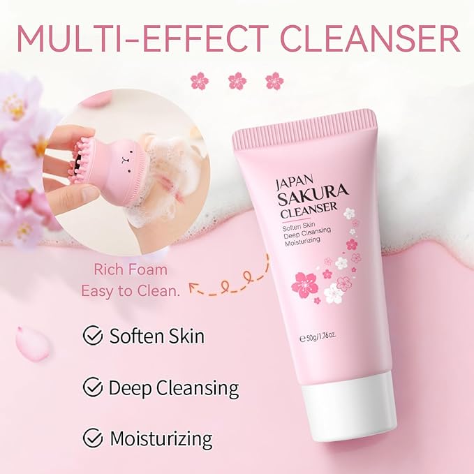 Skincare Set Sakura Mother's Day Gifts - Skin Care Set - Skincare for Teens 10-12 Hydrating - Travel Size Facial Kit for Women with Cleanser,Serum,Cream,Bunny Headband,Cleansing Brush(5pcs)