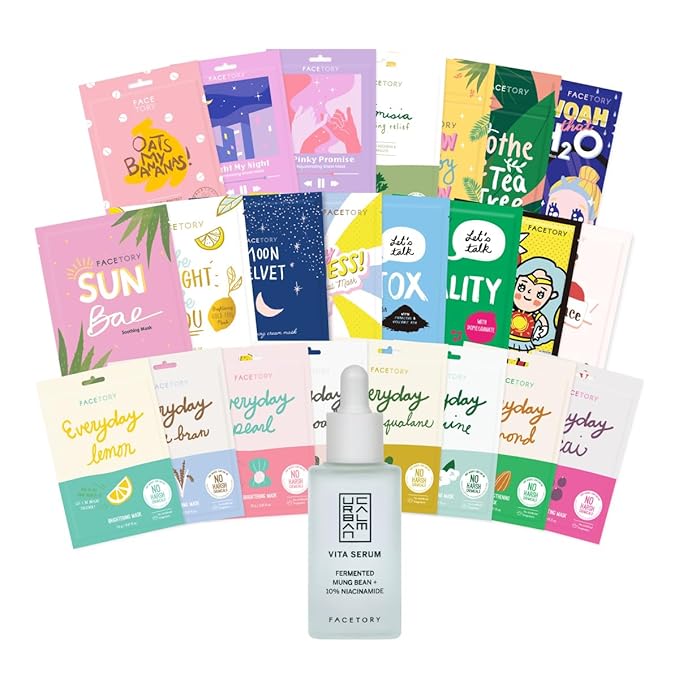 FACETORY 23 Sheet Mask Collection and Urban Calm Vita Serum Bundle - Brightening and Hydrating Skincare Set - 23 Sheet Masks and 1 Niacinamide Serum - for All Skin Types