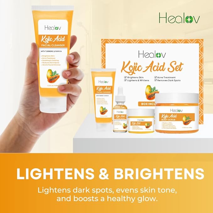 Kojic Acid Skincare Set – Kojic Soap Cleanser, Exfoliating Body Scrub, Face Cream & Brightening Facial Serum – Skin Brightening Hyperpigmentation Treatment, Dark Spot Corrector – with Turmeric Papaya