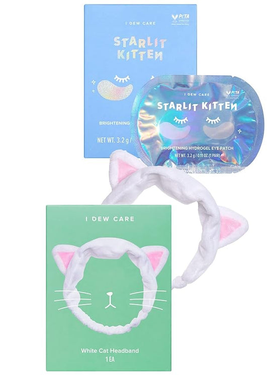 I DEW CARE Hydrogel Eye Patch - Starlit Kitten, 5 EA + Face Wash Headband - White Cat, 1 Count Bundle