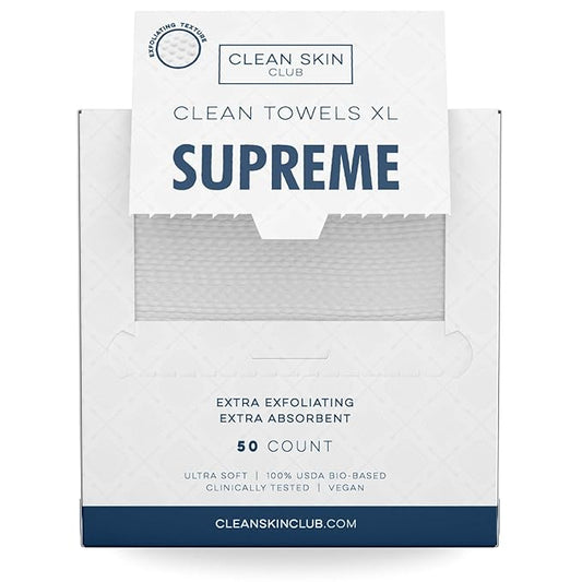 Clean Skin Club Clean Towels XL™ Supreme, 100% USDA Biobased Face Towel, Disposable Face Towelette, Eczema Association Accepted, Makeup Remover Dry Wipes, Ultra Soft, 50 Ct, 1 Pack