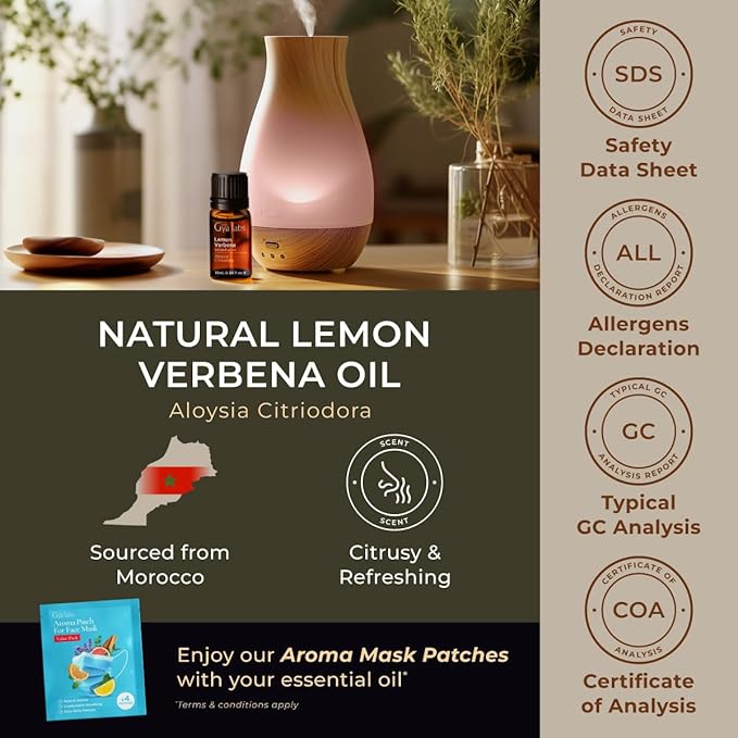 Gya Labs Lemon Verbena Essential Oil for Diffuser - 0.34 Fl Oz - 100% Pure Natural Lemon Verbena Oil for Skin, Hair, Perfume, Bath Bombs, Candles & Soaps Making - Citrusy, Refreshing Scent