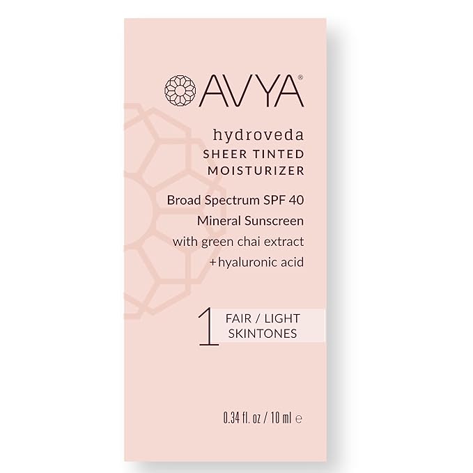 AVYA SPF 40 Sheer Tinted Moisturizer with Hyaluronic Acid & Green Chai – Advanced Ayurvedic Skincare Treatment for Balanced and Brighter Skin/Fair & Light Skintones Shade #1 (0.34oz/10ml)