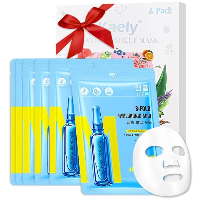 Hyaluronic Acid Face Sheet Mask Skincare,Hydrating Spa Face Mask For Sensitive Skin,Moisturize,Nourish for All Skin Types,Natural Skin Care Spa Face Mask for Women Men Girls,Pack of 6