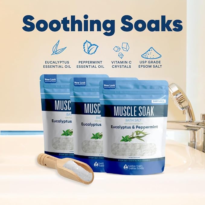 Muscle Bath Salt (3-Pack with Scoop) Muscle Bath Soaks with Pure Essential Oils in BPA Free Pouch with Press-Lock Seal Made in USA, Three 2-lbs Pouches 6-Lbs Total