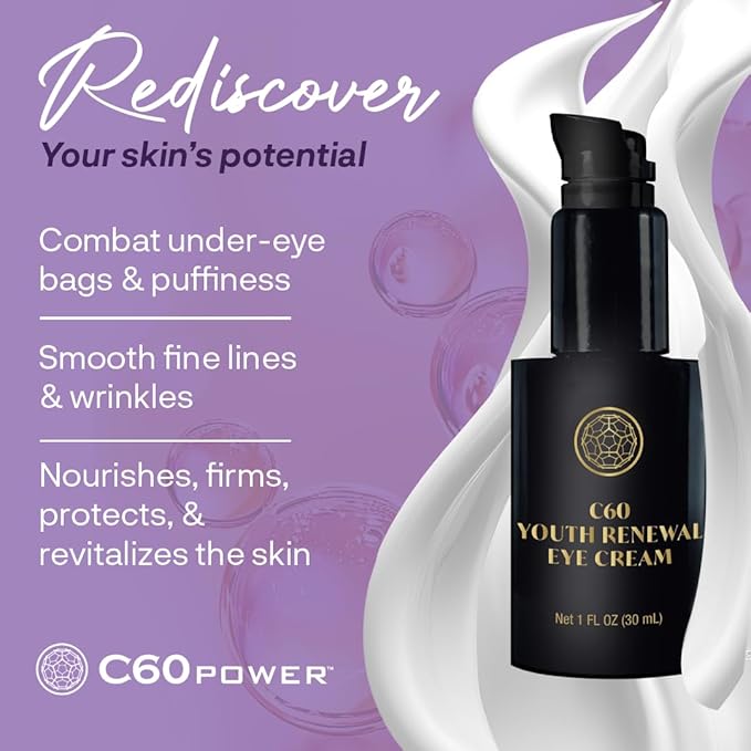 C60 Power Skincare - Age-Defying Antioxidant Protection - Reduce Wrinkles, Heal Skin, Non-Greasy - Face, Body, Bug Bites, Scarring - Organic Avocado Oil, 99.99% Pure (Regular, C60 Eye Cream)