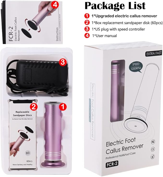 Upgraded Electric Foot Callus Remover 0-1200rpm, Professional Electric Foot File Sander Pedicure Tools for Dead Skin Cracked Heels, Adjustable Speed, 60 Replaceable Sandpaper Discs (FCR-2 Pink)