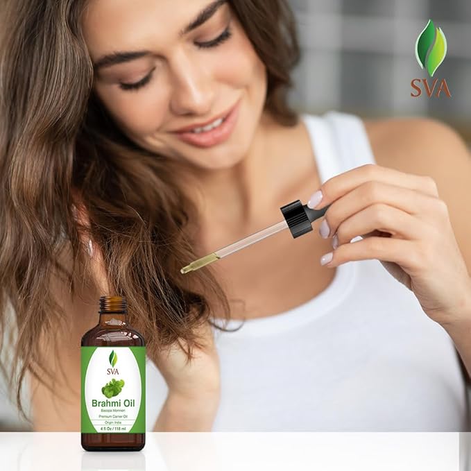 SVA Brahmi Oil - 4 Fl Oz – 100% Natural Cold Pressed Brahmi Oil - for Face, Skin Care, Hair Care, Scalp Massage & Body Massage – Carrier Oil with Dropper