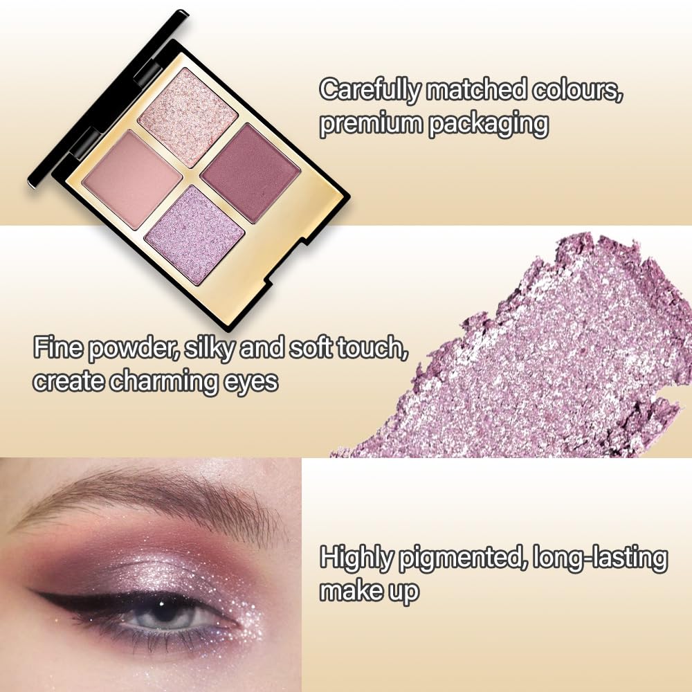 Eyeshadow Quad Makeup Palette – 4 Shades of Nude, Pink, Purple, Champagne Gold Tones, Blendable Matte & Shimmer, Long-Lasting Waterproof, Perfect for Mature & Young Women, with Built-In Mirror 03#