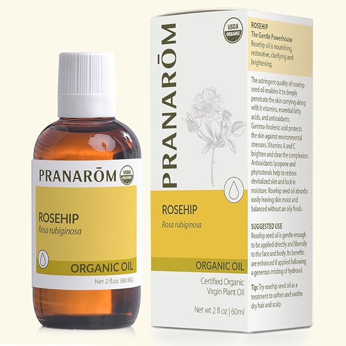 Pranarom - USDA Certified Organic Cold-Pressed Rosehip Virgin Plant Oil - 2 fl oz Glass Bottle - for Anti-Aging, Helps Acne Scar, Massaging, Face, Hair & Skin, Unisex