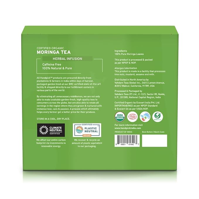 HANDPICK, Organic Moringa Tea Bags (100 Count) Non-GMO, Caffeine Free, Pure Moringa Leaves | Sweet and Light Herbal Tea Bags, Round Eco-conscious Teabags