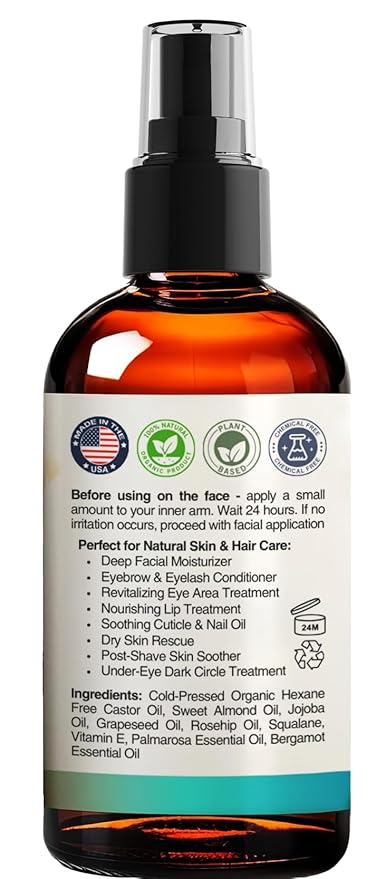 Organic Castor Oil For Face Moisturizer, Eyes, Eyelashes, Eyebrows, Wrinkles with Jojoba, Rosehip, Grapeseed, Squalane, Palmarosa, Bergamot and Vitamin E for Sensitive Skin, Men & Women 2oz