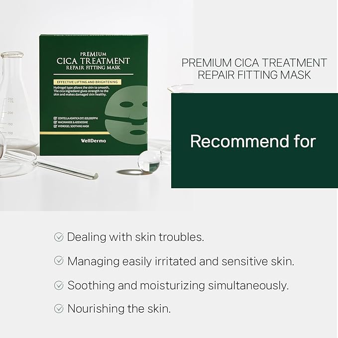 WELLDERMA Premium Cica Mask Treatment Repair Fitting Korean Mask 4Sheets hydrogel, centella Sensitive skin, Firming, soothing for Smooth & Clear Face Skin