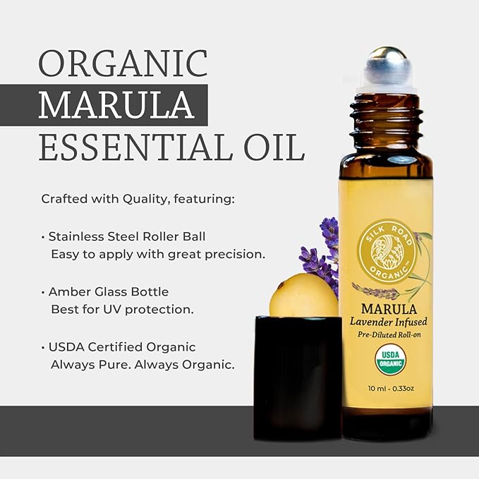 Silk Road Organic Marula Seed & Lavender Essential Oil, 100% Pure USDA Certified Aromatherapy, Deep Hydration for Face, Body, Lips, Hair, Nails - 10 ml Roller
