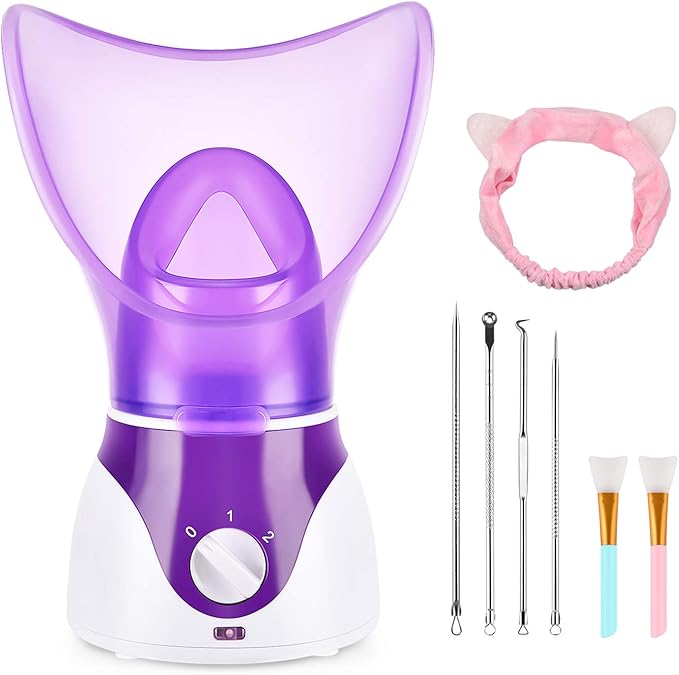 Facial Steamer for Face, Face Steamer for Facial Deep Cleaning, Nano Ionic Facial Steamer for Unclogs Pores, Hydrating (Purple, Include Blackhead Remover Kit, Brush, Headband)