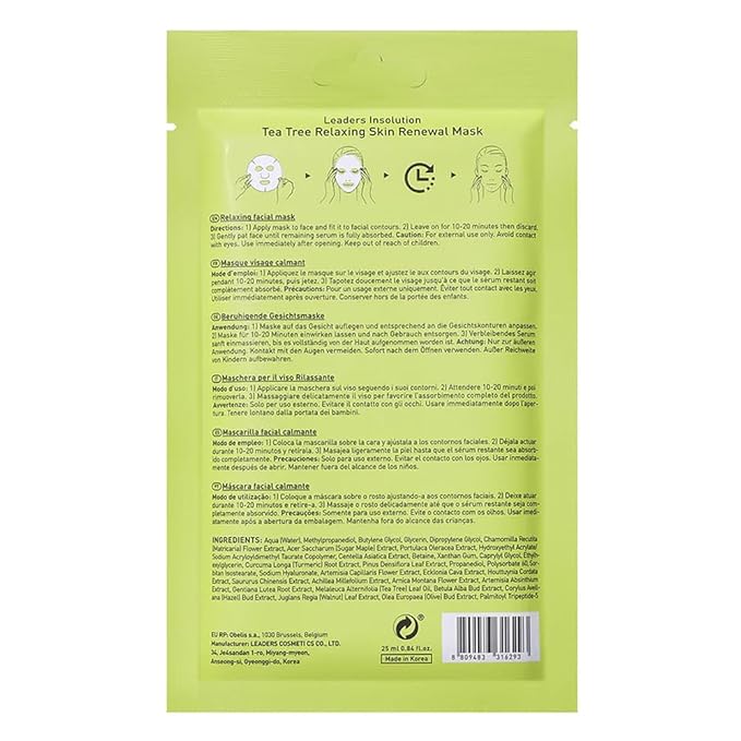 Leaders Insolution Tea Tree Relaxing Skin Renewal Mask | Soothing Facial Sheet for Acne, Oil Control, and Sensitive Skin | Hydrating Botanicals | Calms Redness, Smooth (10 Sheets)