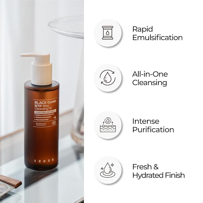 IZEZE Black Cumin NTP Bliss Cleansing Oil 6.76 fl.oz, 200ml | Waterproof Makeup Remover, Blackheads and Sebum Care, Deep Cleansing, Thymoquinone, Nigella Sativa Seed Oil For Skin Health