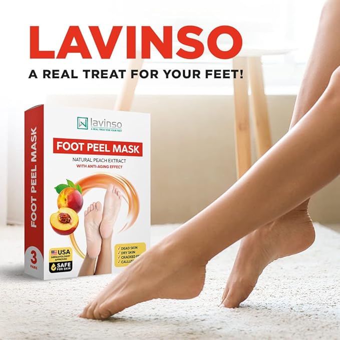 Lavinso Peach Foot Peel Mask for Dry Cracked Feet - 3 Pack - Dead Skin Remover Foot Mask for Cracked Feet and Callus - Exfoliating Feet Peeling Mask for Soft Baby Feet
