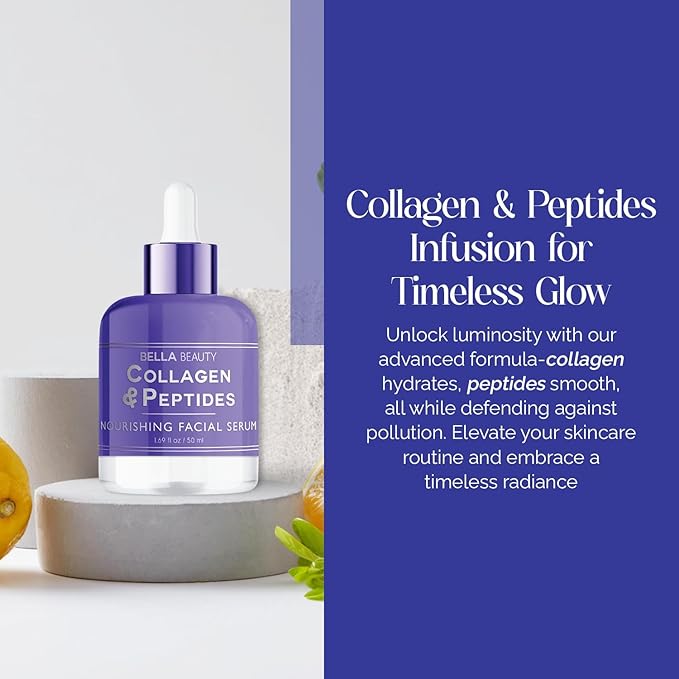 Bella Beauty Collagen & Peptides Nourishing Facial Serum - Stimulates Collagen, Reduces Fine Lines & Wrinkles, Deeply Hydrates - Dermatologist Tested, Korean Skin Care for All Skin Types - 1.69 Fl. Oz