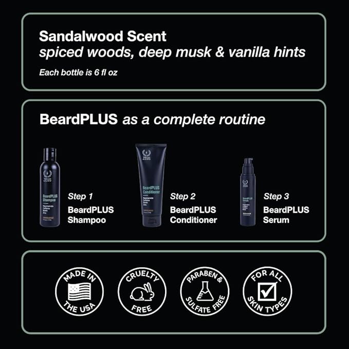 ZEUS BeardPlus Shampoo & Conditioner Beard Wash Set, Premium Beard Wash for Enhanced Growth, Thicker & Stronger Facial Hair with Biotin & Caffeine (Made in USA)