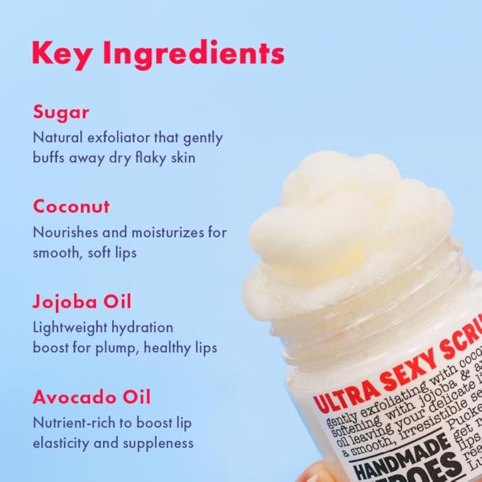 Handmade Heroes 100% Natural Lip Scrub, Vegan Conditioning Coconut Exfoliator - Gentle Exfoliant, Sugar Polish and Scrubber for Chapped Dry Lips, 1oz (Coconut Sorbet)