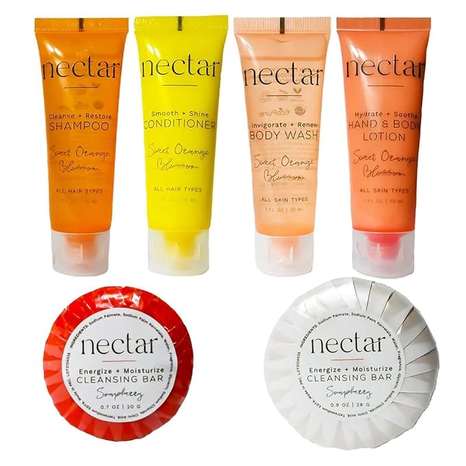 Nectar Mini Travel Size Toiletries Bathroom Kit | Sweet Orange Blossom| Shampoo, Conditioner, Body Wash, Lotion, Two Round Cleansing Bars and Body Bar