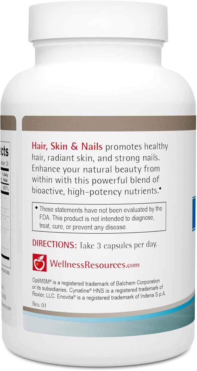Wellness Resources Hair, Skin & Nails with Biotin, Cynatine HNS Keratin, OptiMSM, Bamboo & Grape Seed Extract – Supplement for Stronger Nails, Healthier Hair & Youthful Skin (90 Capsules)