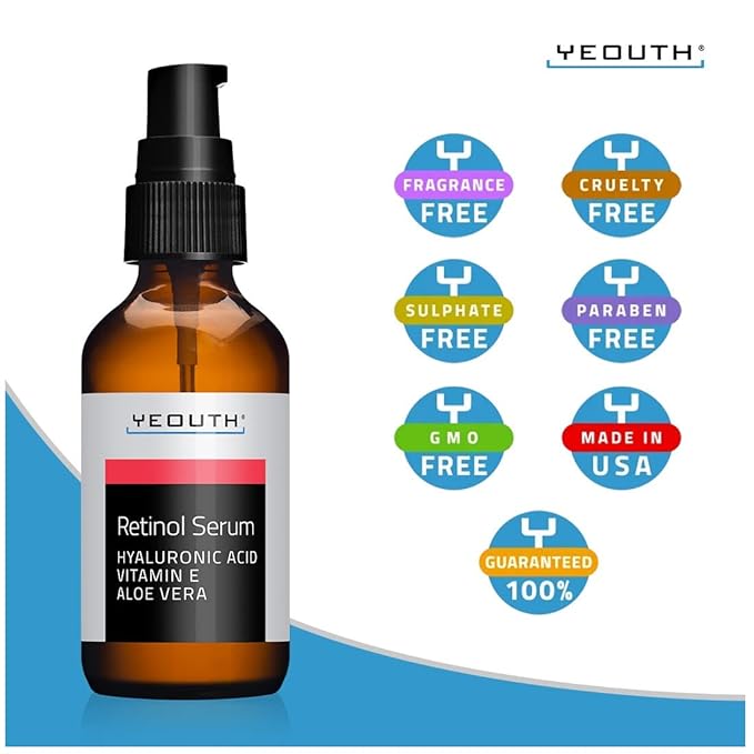 YEOUTH Retinol Serum for Face with Hyaluronic Acid & Vitamin E, Hydrating Retinol for Face, Night Serum Suitable for All Skin Types 2oz