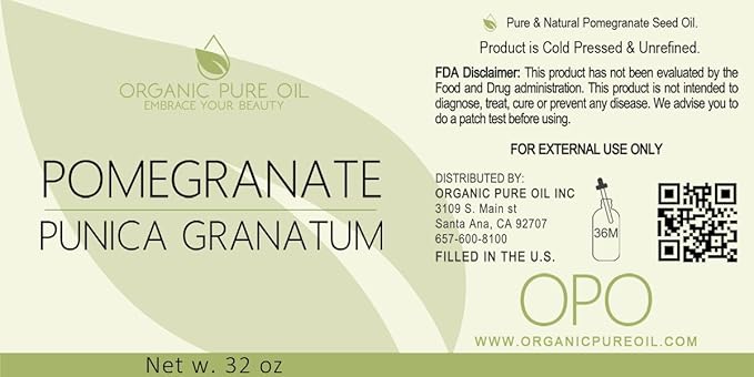 organic pure oil Pomegranate Seed Oil-100 percentage Pure and Organic Sourced From Seed Unrefined,Extra Virgin,Cold pressed Therapeutic Premium Grade A Rich with Antioxidants 32 OZ for Skin Face Hair Nails Cuticles By Organic Pure Oil,POMEGRANATE 32 OZ