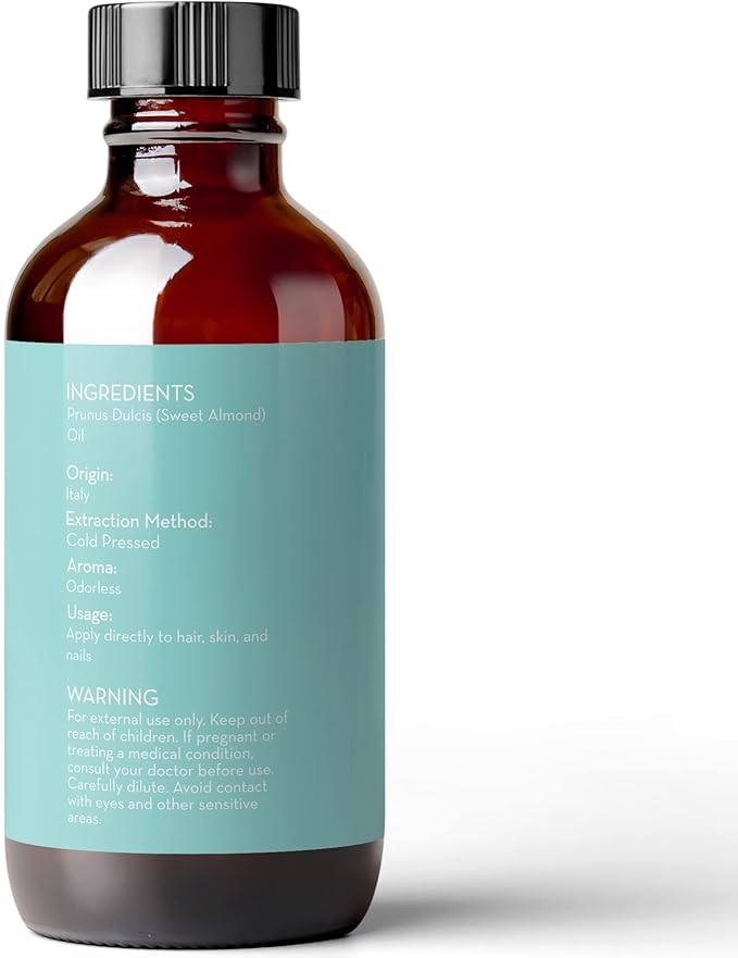 Pure Body Naturals Sweet Almond Oil, 4 fl oz - Cold Pressed and 100% Pure - for Hair, Skin, Nails, Therapeutic Massage, Carrier Oil