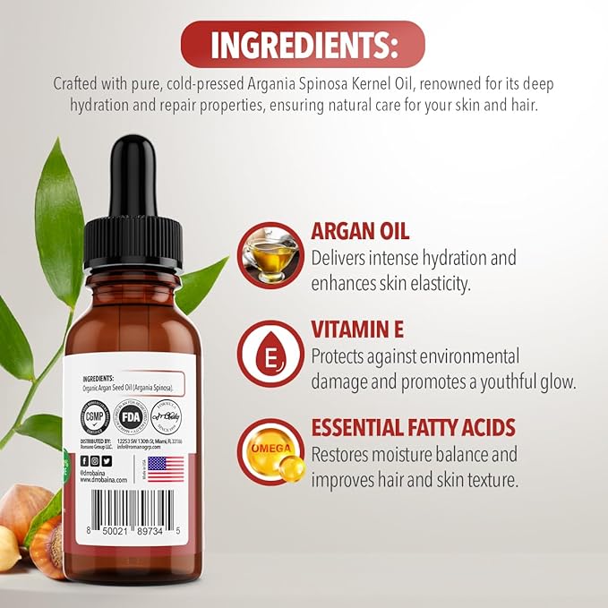 Dr. Robaina 100% Pure & Natural Argan Oil – Deep Hydration, Skin Repair & Natural Antioxidants for Healthy Skin & Hair – Made in USA