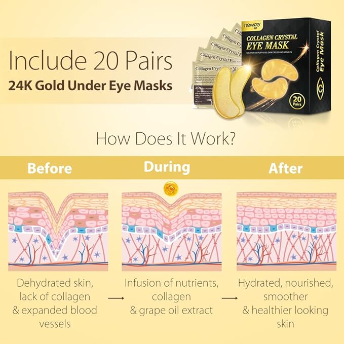 NEWGO Under Eye Mask Patches 20 Pairs Eye Gel Pads, 24K Gold Under Eye Pads Eye Mask Moisturizer Natural Collagen Eye Gels Reduce Wrinkles, Puffy Eyes, Dark Circles, Eye Bags