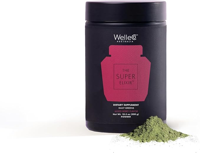 WelleCo The Super Elixir Daily Greens Powder, Probiotic Drink Mix with Whole Foods, Gluten Free, Vegan Gut Health Powder, Energy, Immunity, Healthy Skin, Hair & Nails (300g, Mixed Berry)