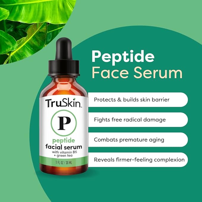 TruSkin Peptide Serum For Face – with Peptides, Amino Acids, Green Tea, Aloe and Vitamins B5 & E – Supports Skin Barrier and Skin’s Natural Collagen, for Firmer-Looking Skin, 1 fl oz