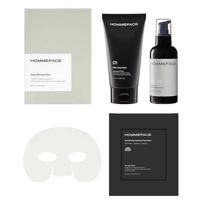 HOMMEFACE Men’s 2-Step Daily Skincare Kit + 5 Facial Sheet Mask Set Bundle